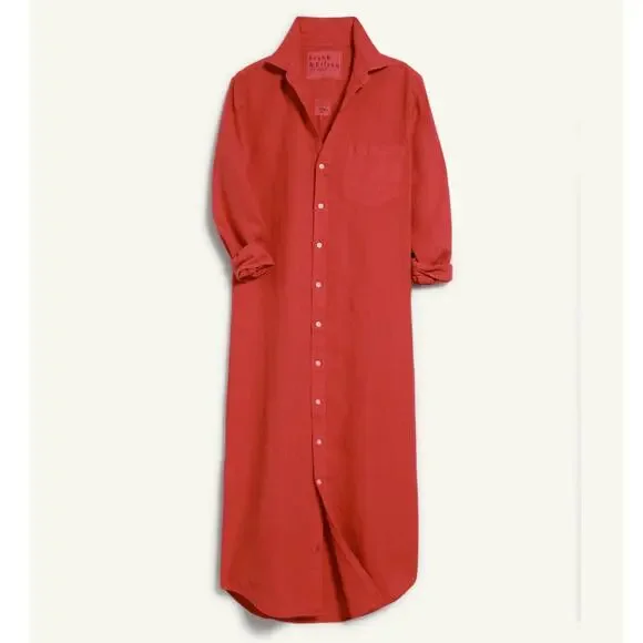 Frank & Eileen Rory Maxi Shirtdress Washed Italian Linen Summer Red Size Large - Picture 3 of 14